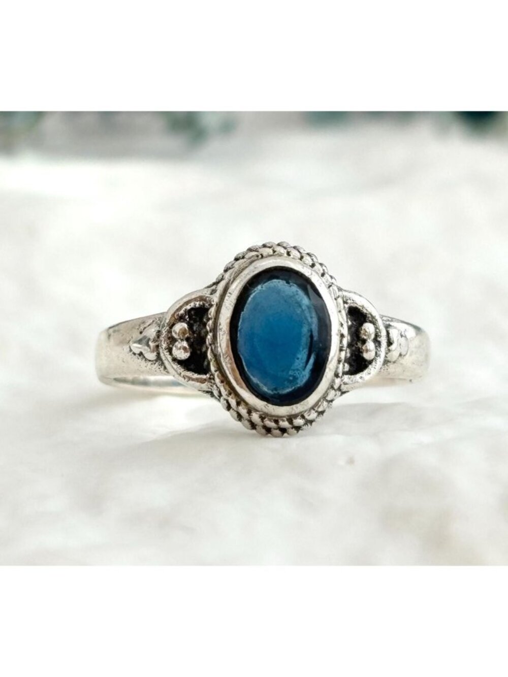 Balinese Inspired Blue Sapphire Gemstone Sterling Silver 925 Vintage Ring - sz 6